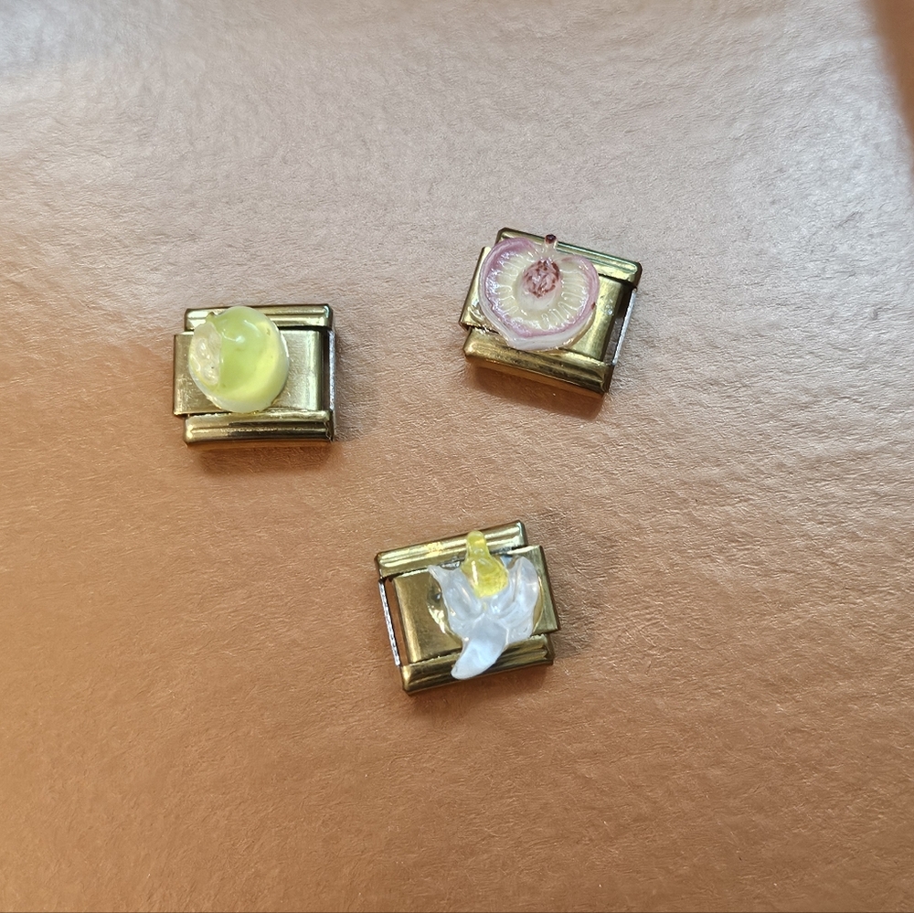 3 Gold Fruit Charm Links For Italian Charm Bracelets Stainless Steel
